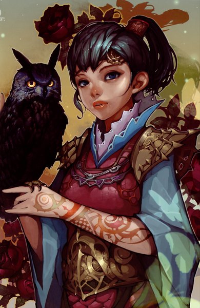 Anime picture 2274x3493 with poppic oriental (artbook) original lee myung un (artist) single tall image highres blue eyes black hair hair flower lips tattoo girl hair ornament animal bird (birds) rose (roses) owl