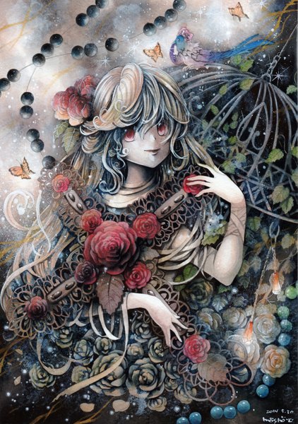 Anime picture 1055x1500 with original mosho single long hair tall image looking at viewer blonde hair smile red eyes signed hair flower traditional media watercolor (medium) girl hair ornament flower (flowers) animal bird (birds) insect butterfly