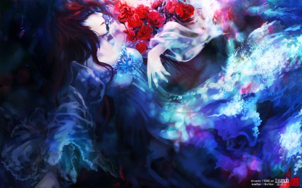 Anime picture 2560x1600 with original shigemitsubaki single long hair highres wide image red hair eyes closed pale skin liquid clothes girl dress flower (flowers) rose (roses) splashes jellyfish
