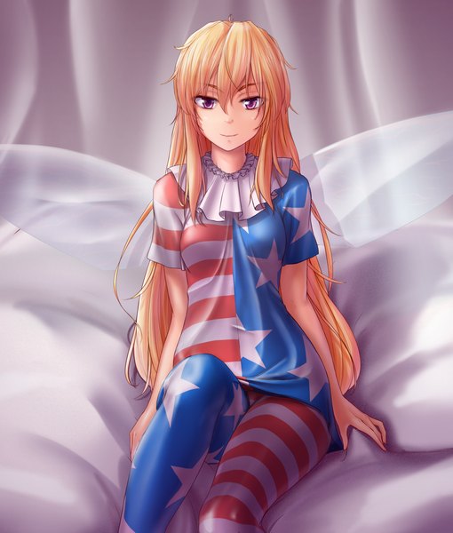 Anime picture 1613x1897 with touhou clownpiece hater (hatater) single long hair tall image looking at viewer fringe blonde hair smile ahoge bent knee (knees) pink eyes striped insect wings star print no hat flag print girl wings