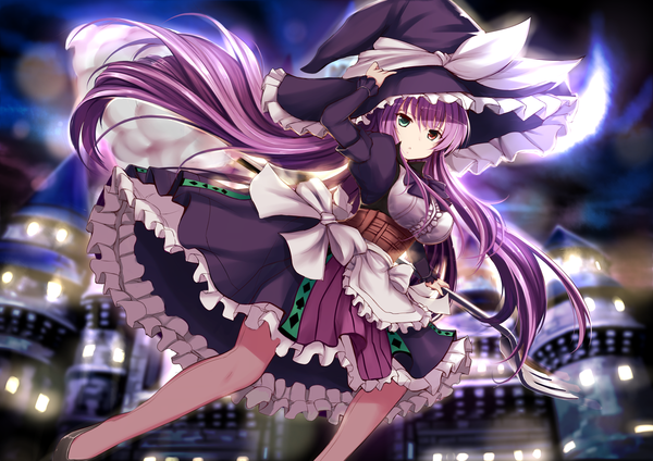 Anime picture 2455x1736 with zheyi parker single long hair looking at viewer highres purple hair heterochromia witch girl dress bow hat frills witch hat
