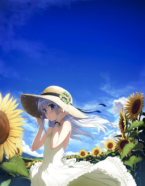 Anime picture 1364x1756 with kantai collection hibiki destroyer honjou masato single long hair tall image looking at viewer blush fringe breasts open mouth blue eyes hair between eyes bare shoulders blue hair sky silver hair cloud (clouds) parted lips head tilt