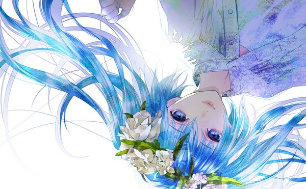 Anime picture 1000x619 with 7th dragon vocaloid hatsune miku kiyohara hiro long hair looking at viewer blue eyes simple background wide image white background twintails blue hair girl dress flower (flowers) wreath