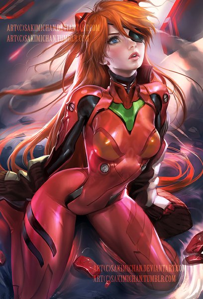 Anime picture 612x900 with neon genesis evangelion rebuild of evangelion evangelion: 3.0 you can (not) redo gainax soryu asuka langley shikinami asuka langley sakimichan single long hair tall image looking at viewer blush fringe open mouth blue eyes twintails signed bent knee (knees) lips orange hair