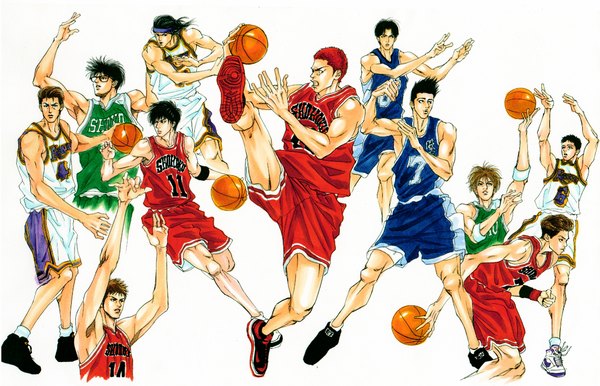 Anime picture 2291x1476 with slam dunk (series) sakuragi hanamichi rukawa kaede mitsui hisashi miyagi ryouta akira sendou shinichi maki toru hanagata orui04 (artist) highres short hair open mouth black hair simple background brown hair white background red hair multiple boys group basketball