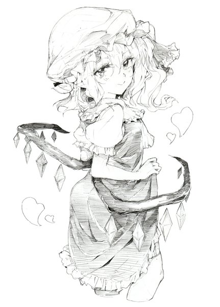 Anime picture 1564x2177 with touhou flandre scarlet oshake single tall image looking at viewer short hair simple background white background monochrome dress lift sketch :> girl dress wings heart bonnet crystal