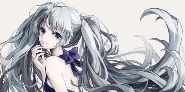 Anime picture 1600x800 with vocaloid hatsune miku kohana (ayako) single long hair highres simple background wide image twintails bare shoulders nail polish looking back aqua eyes aqua hair tears pale skin girl ribbon (ribbons)