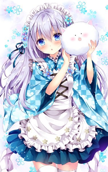 Anime picture 600x949 with gochuumon wa usagi desu ka? white fox kafuu chino tippy (gochiusa) nogi takayoshi single long hair tall image looking at viewer fringe hair between eyes standing holding purple hair traditional clothes head tilt wide sleeves wa maid girl hair ornament