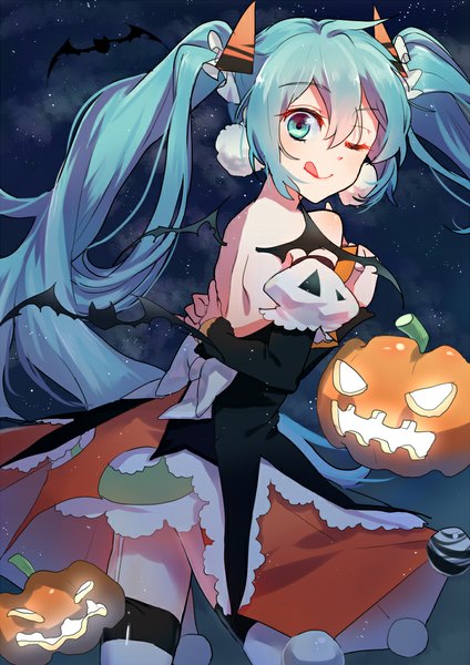Anime picture 707x1000 with vocaloid hatsune miku colivt (artist) single long hair tall image looking at viewer blush smile twintails bare shoulders blue hair eyes closed one eye closed looking back wink night sparkle night sky halloween
