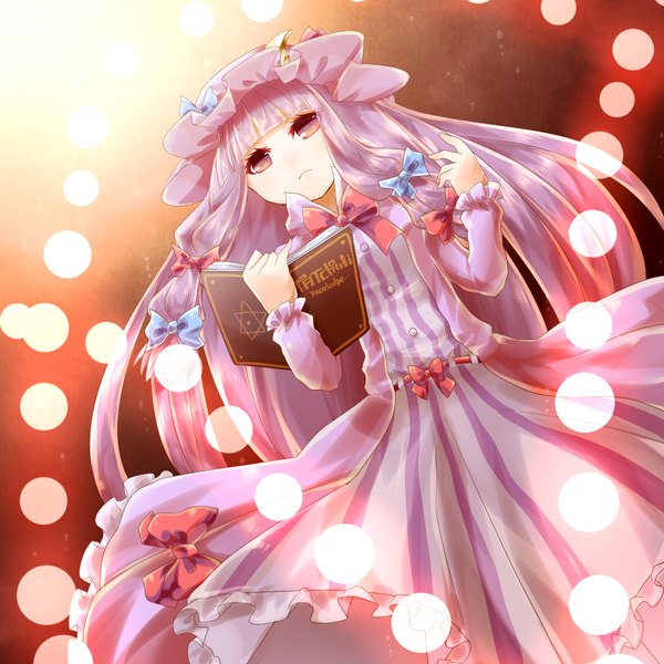 Anime picture 1200x1200 with touhou patchouli knowledge koza (artist) single long hair red eyes purple hair girl dress bow hair bow book (books) bonnet