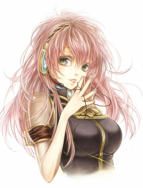 Anime picture 836x1100 with vocaloid megurine luka ustsugi (me666nm) single long hair tall image fringe simple background smile white background green eyes looking away pink hair fingers together girl headphones wire (wires) armband