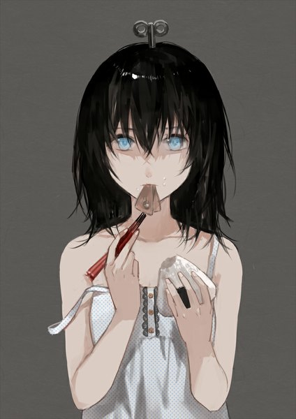 Anime picture 707x1000 with original cotta single tall image looking at viewer blush short hair blue eyes black hair simple background bare shoulders grey background mouth hold eating food on face girl dress food sundress chopsticks