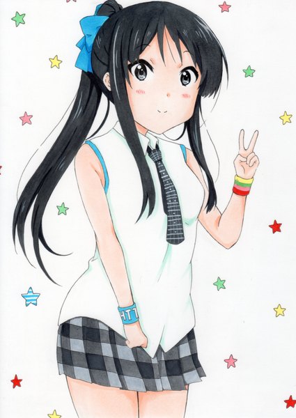 Anime picture 2503x3535 with k-on! kyoto animation akiyama mio ken (tanosimou) single long hair tall image looking at viewer blush highres black hair simple background white background ponytail plaid skirt victory girl skirt bow hair bow