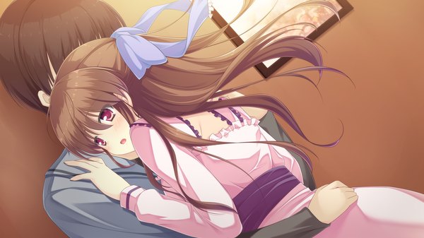 Anime picture 2560x1440 with mizu no miyako no patisserie kanda mari long hair blush highres open mouth red eyes brown hair wide image game cg couple girl dress bow hair bow