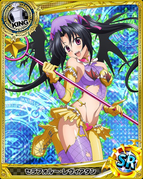 Anime picture 640x800 with highschool dxd serafall leviathan single long hair tall image looking at viewer light erotic black hair twintails purple eyes midriff torn clothes card (medium) girl gloves navel wings elbow gloves boots