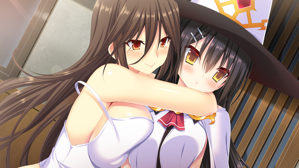 Anime picture 2048x1152 with natsu no majo no parade amatsu sasha amatsu yuris long hair blush highres breasts light erotic black hair smile red eyes wide image large breasts multiple girls yellow eyes game cg hug girl 2 girls hat