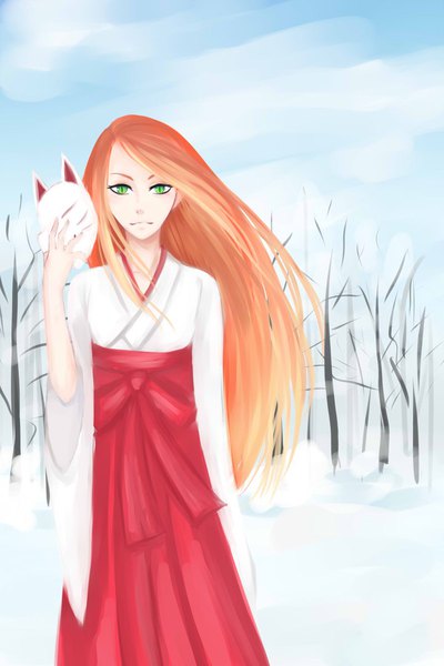 Anime picture 720x1080 with original lon-li-mei single long hair tall image looking at viewer green eyes sky traditional clothes japanese clothes arm up orange hair winter snow miko slit pupils bare tree girl plant (plants) tree (trees)