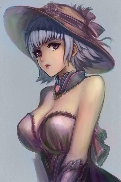 Anime picture 667x1000 with original chaosringen single tall image short hair breasts simple background large breasts purple eyes bare shoulders blue hair cleavage lips realistic blue background girl dress hat choker hat ribbon