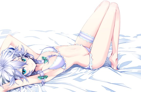 Anime picture 1380x900 with touhou izayoi sakuya hong (white spider) single looking at viewer short hair blue eyes light erotic smile silver hair braid (braids) underwear only twin braids girl underwear panties bow hair bow