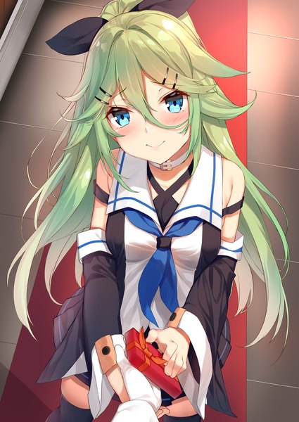 Anime picture 2507x3541 with kantai collection yamakaze (kantai collection) yappen long hair tall image looking at viewer blush fringe highres blue eyes smile hair between eyes green hair from above zettai ryouiki holding hands solo focus valentine girl thighhighs
