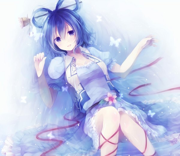 Anime picture 1150x1000 with touhou kaku seiga toosaka asagi single short hair open mouth purple eyes blue hair lying girl dress hair ornament flower (flowers) ribbon (ribbons) insect butterfly