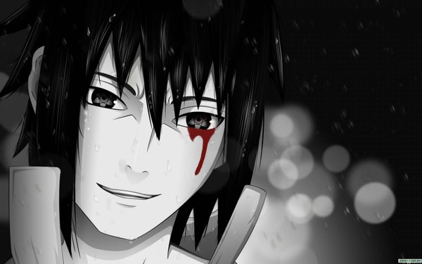 Anime picture 1600x1000 with naruto studio pierrot naruto (series) uchiha sasuke black hair smile wide image monochrome sharingan eyes boy blood