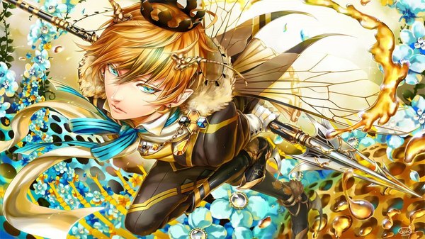 Anime picture 1100x618 with dr. single short hair blue eyes blonde hair wide image boy flower (flowers) bow weapon wings choker boots insect crown spear honey bee