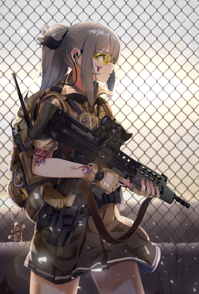 Anime picture 915x1349 with original casino (casinoep) single long hair tall image fringe hair between eyes standing holding yellow eyes payot looking away outdoors ponytail profile pleated skirt grey hair sunlight short sleeves tattoo