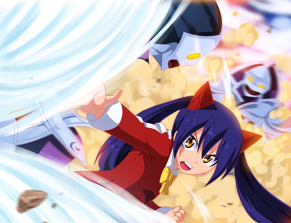 Anime picture 3850x2960 with fairy tail wendy marvell tongasart long hair highres open mouth twintails yellow eyes blue hair absurdres coloring smoke battle girl uniform school uniform bowtie armor fist