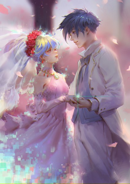 Anime picture 1448x2048 with tengen toppa gurren lagann gainax nia teppelin simon qmo (chalsoma) tall image short hair blue eyes standing purple eyes silver hair purple hair parted lips hair flower light smile holding hands symbol-shaped pupils face to face eye contact wedding