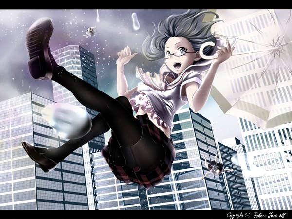 Anime picture 1600x1200 with original poker-face-008 short hair open mouth multiple girls sky pleated skirt barefoot grey hair inscription grey eyes letterboxed cityscape falling girl thighhighs uniform black thighhighs school uniform miniskirt