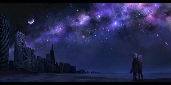 Anime picture 1500x750 with original megatruh long hair short hair blonde hair brown hair wide image night night sky city letterboxed cityscape landscape scenic shooting star girl boy building (buildings) star (stars) cloak