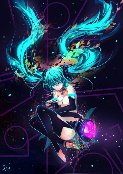 Anime picture 800x1133 with vocaloid vocaloid append hatsune miku hatsune miku (append) zhuxiao517 single tall image breasts open mouth light erotic twintails bare shoulders green eyes signed looking away bent knee (knees) very long hair green hair no bra bare belly