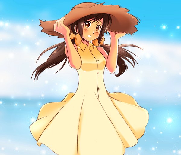 Anime picture 1648x1419 with axis powers hetalia studio deen seychelles (hetalia) single long hair blush simple background brown hair twintails bare shoulders brown eyes girl dress bow hair bow hat sundress straw hat