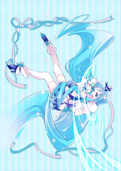 Anime picture 2507x3541 with precure heartcatch precure! toei animation kurumi erika cure marine coffret (heartcatch precure!) chiyo (rotsurechiriha) tall image highres open mouth blue eyes blue hair very long hair one eye closed wink blue background striped striped background girl thighhighs