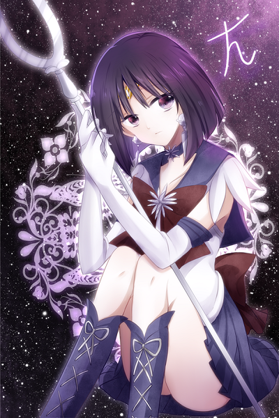 Anime picture 600x900 with bishoujo senshi sailor moon toei animation tomoe hotaru sailor saturn cocoa kichigo single tall image short hair black hair purple eyes girl gloves bow earrings elbow gloves knee boots staff sailor suit circlet