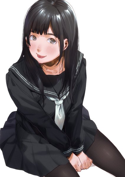 Anime picture 827x1169 with original kamiyama aya single long hair tall image blush fringe black hair simple background white background sitting brown eyes long sleeves from above looking up :p between thighs girl skirt uniform