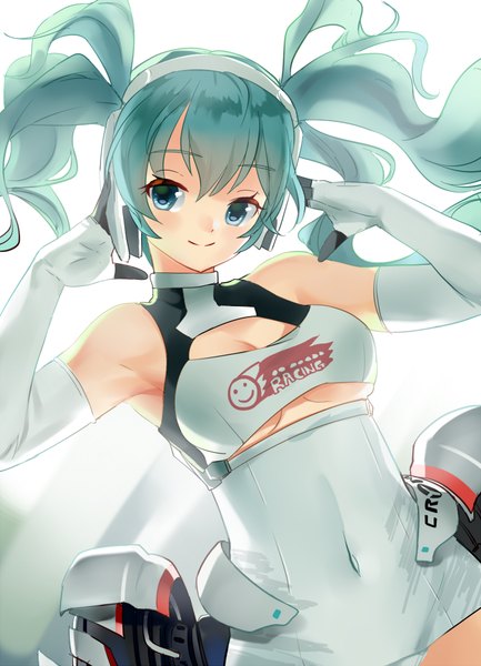 Anime-Bild 722x1000 mit vocaloid goodsmile racing hatsune miku racing miku racing miku (2014) shovelwall single long hair tall image looking at viewer light erotic simple background smile white background twintails aqua eyes aqua hair hand on headphones girl gloves