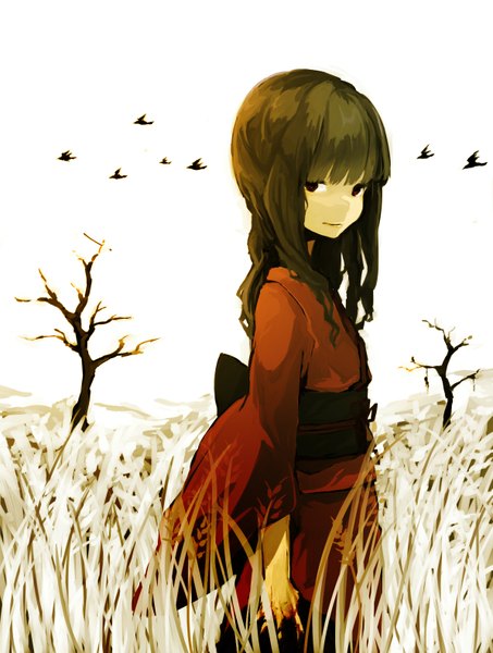 Anime picture 1193x1578 with original tsubuan long hair tall image looking at viewer fringe brown hair brown eyes traditional clothes japanese clothes bare tree girl plant (plants) animal tree (trees) kimono bird (birds) grass colossus