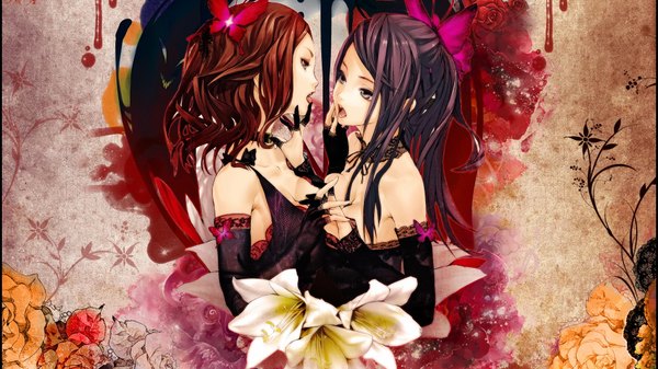 Anime picture 1920x1080 with original redjuice snyp (r0pyns) long hair highres open mouth light erotic black hair brown hair wide image multiple girls black eyes holding hands finger to mouth face to face third-party edit interlocked fingers abstract girl dress