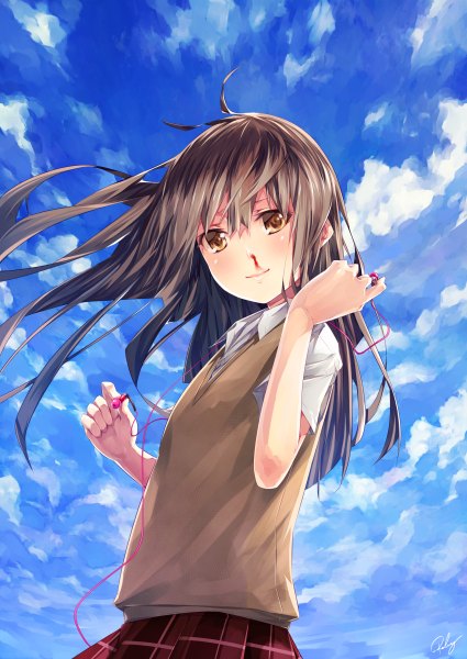 Anime picture 850x1200 with original re lucy single long hair tall image looking at viewer blush brown hair brown eyes signed sky cloud (clouds) plaid skirt nosebleed girl skirt shirt headphones vest