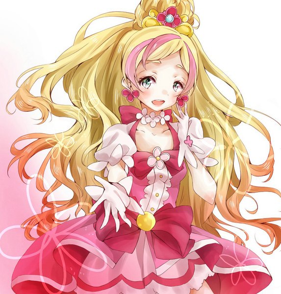 Anime picture 1068x1119 with precure go! princess precure toei animation haruno haruka cure flora chima (fusigiko) single long hair tall image blush open mouth blonde hair green eyes pink eyes multicolored hair two-tone hair puffy sleeves gradient background outstretched hand magical girl