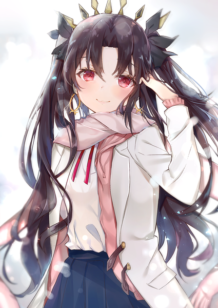 Anime picture 1253x1770 with fate (series) fate/grand order ishtar (fate) nanakagura single long hair tall image looking at viewer blush fringe black hair smile hair between eyes red eyes standing long sleeves head tilt pleated skirt two side up lens flare
