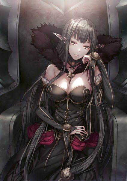 Anime picture 900x1273 with fate (series) fate/apocrypha semiramis (fate) luzi (coffee-straw-luzi) single tall image looking at viewer fringe breasts light erotic black hair smile large breasts sitting bare shoulders yellow eyes cleavage blunt bangs very long hair parted lips