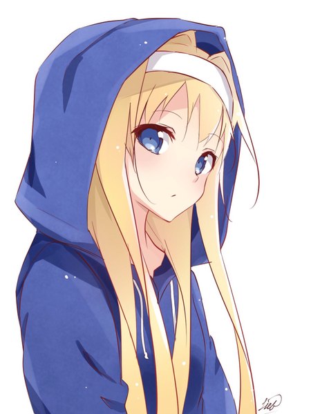 Anime picture 1301x1734 with sword art online sword art online: alicization a-1 pictures alice zuberg liebe single long hair tall image blush fringe blue eyes simple background blonde hair white background signed upper body girl hairband hood hoodie