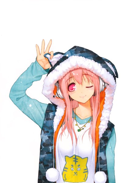 Anime picture 4662x6981 with nitroplus super sonico tsuji santa single long hair tall image highres simple background white background pink hair absurdres one eye closed pink eyes wink open clothes open jacket girl headphones pendant hood