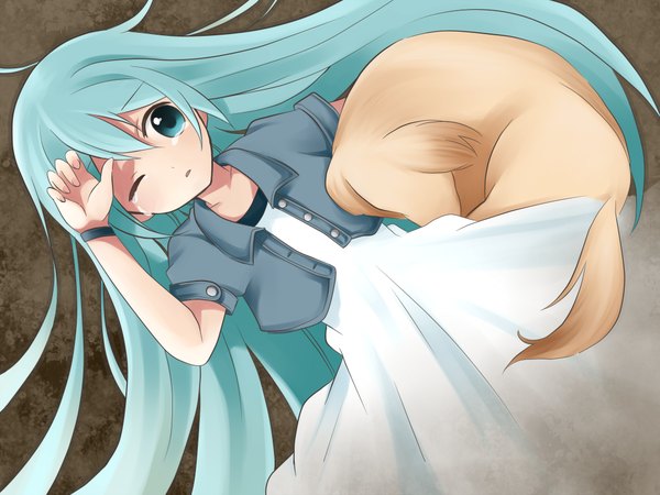 Anime picture 1024x768 with vocaloid hatsune miku kuroton@9610 single looking at viewer lying parted lips one eye closed aqua eyes from above aqua hair short sleeves on back tears hand on head girl dress animal bracelet white dress