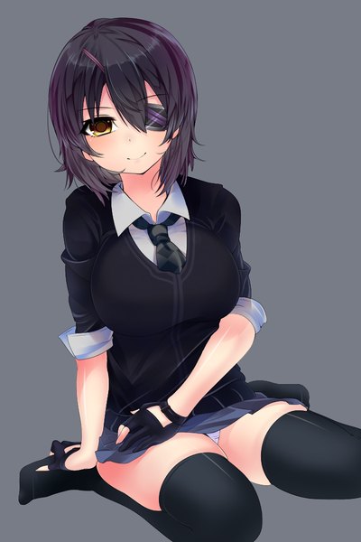 Anime picture 700x1050 with kantai collection tenryuu light cruiser haruta (806060) single tall image short hair light erotic black hair yellow eyes pantyshot pantyshot sitting girl thighhighs gloves uniform underwear panties black thighhighs school uniform fingerless gloves