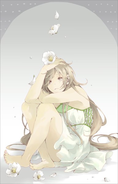 Anime picture 900x1400 with original rain drops-ame single long hair tall image simple background blonde hair sitting bare shoulders barefoot grey eyes legs hand on head dress petals sundress water drop