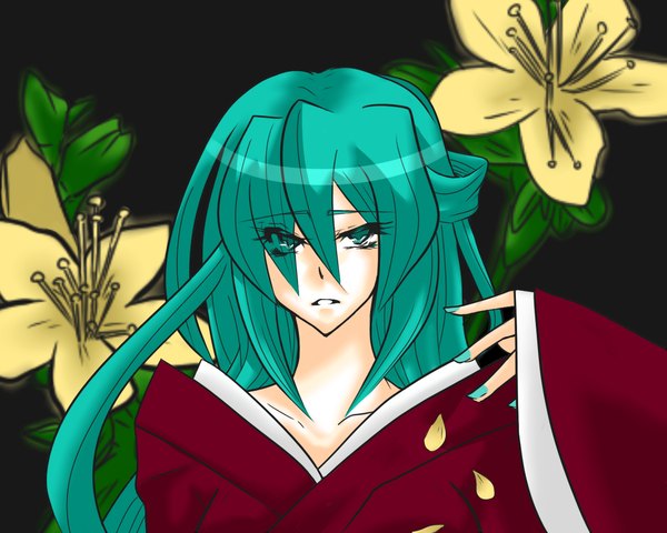 Anime picture 1280x1024 with vocaloid hatsune miku longan (artist) long hair fringe open mouth nail polish japanese clothes aqua eyes hair over one eye aqua hair girl flower (flowers) petals kimono open kimono